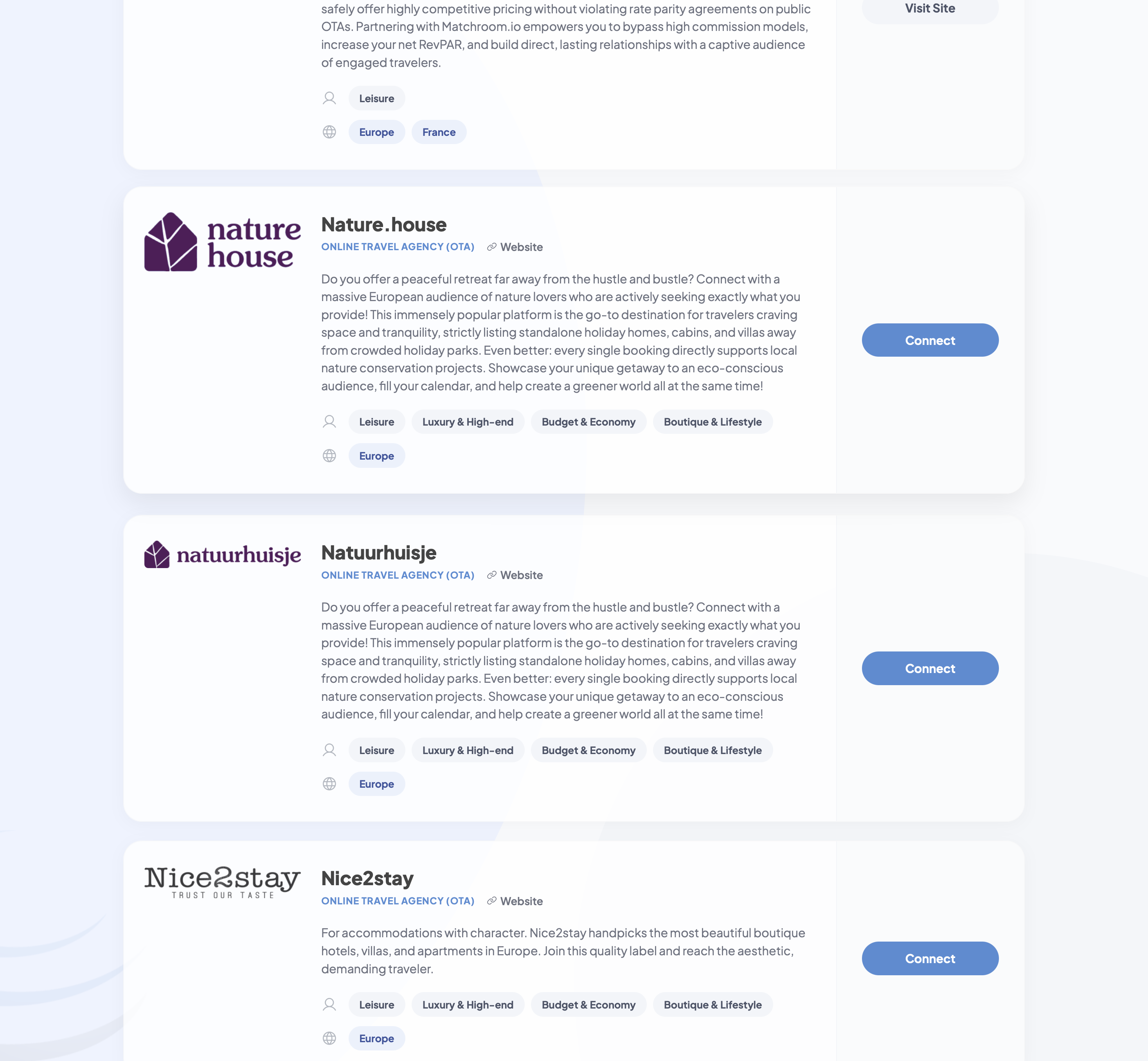 Partners in the public OpenGDS marketplace with Connect buttons